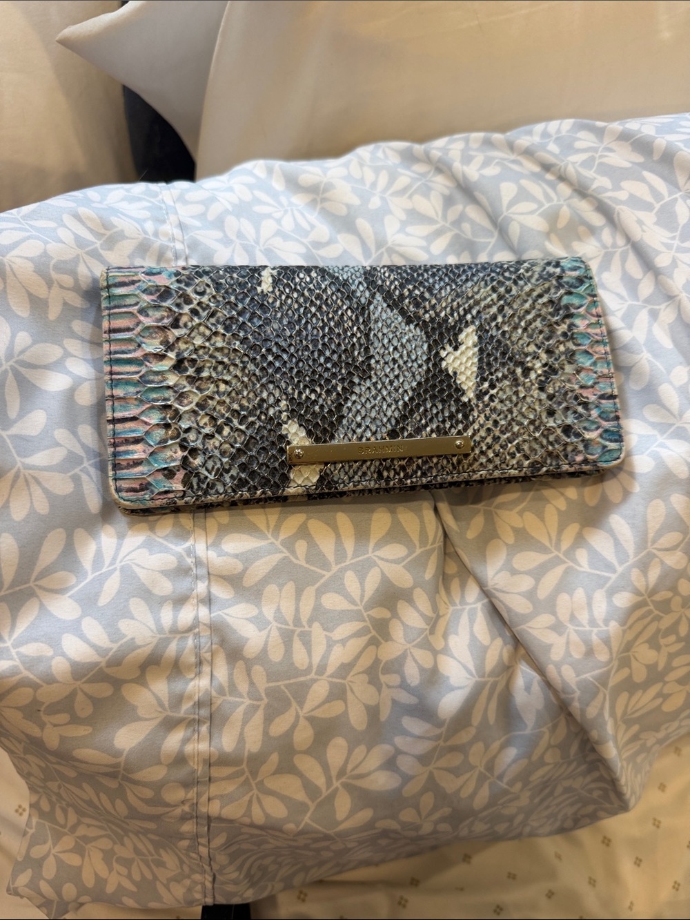 Brahmin Snakeskin Print Wallet in Black, Gray, Cream with Teal & Pink Accents